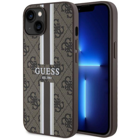 Etui Guess GUHMP14MP4RPSW na iPhone 14 Plus - brązowe 4G Printed Stripes MagSafe