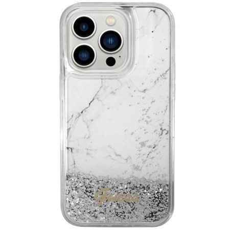 Etui Guess GUHCP14LLCSGSGH na iPhone 14 Pro - białe Liquid Glitter Marble