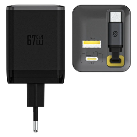 Ładowarka sieciowa Dudao A67EU GaN 67W z wbudowanym zwijanym kablem USB-C Power Delivery Quick Charge - czarna