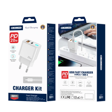 JELLICO ładowarka sieciowa EU11 PD 20W 1xUSB-C + 1xUSB QC3.0 + kabel USB-C - Lightning Biały