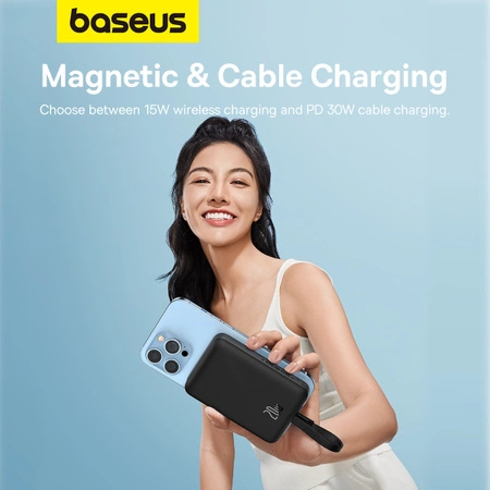 Powerbank Baseus Magnetic Mini MagSafe 10000mAh 20W z wbudowanym kablem Lightning - czarny + kabel Baseus Simple Series USB-C - USB-C 60W 0.3m