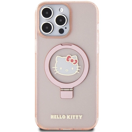 Etui Hello Kitty Ring Stand Glitter Electrop Logo MagSafe na iPhone 15 Pro Max - różowe