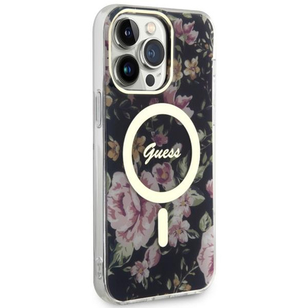 Etui Guess GUHMP14XHCFWSK na iPhone 14 Pro Max 6.7" - czarne Flower MagSafe