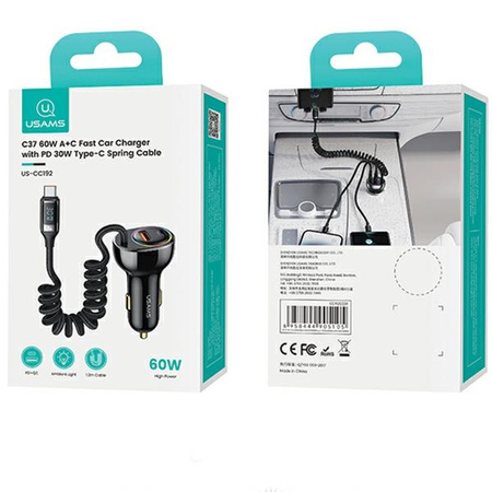 USAMS ŁADOWARKA 60W DO IPHONE 12 13 14 1XUSB 1XUSB-C Z KABLEM USB-C 30W PD