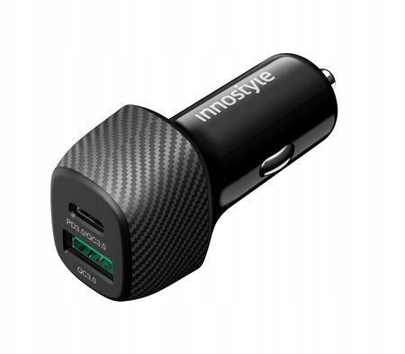 INNOSTYLE POWER ON MOCNA SZYBKA ŁADOWARKA SAMOCHODOWA DO TELEFONU 2X USB USB-C 38W CZARNA
