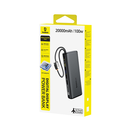 Baseus power bank z wyświetlaczem cyfrowym i podwójnymi wbudowanymi kablami usb-c 20000mAh 100W Czarny