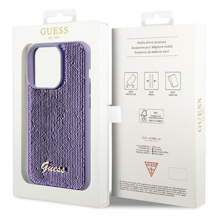 Etui Guess Sequin Script Metal na iPhone 15 Pro Max - fioletowe