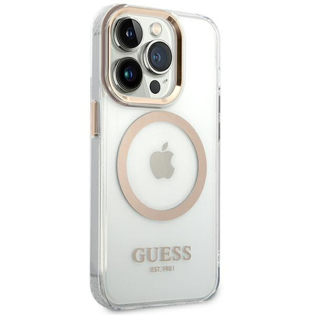 Etui Guess GUHMP14LHTRMD na iPhone 14 Pro - złote Metal Outline Magsafe