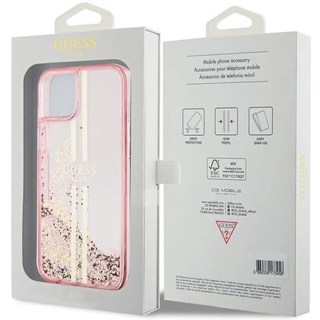 Etui Guess Liquid Glitter Gold Stripes na iPhone 15 Plus / 14 Plus - różowe