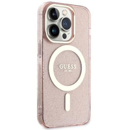 Etui Guess GUHMP14LHCMCGP na iPhone 14 Pro - różowe Glitter Gold MagSafe