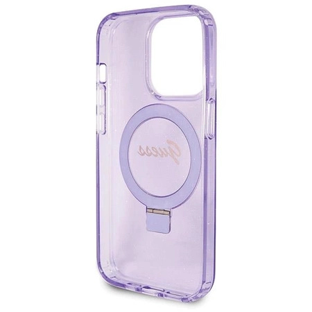 Etui Guess Ring Stand Script Glitter MagSafe na iPhone 14 Pro - fioletowe