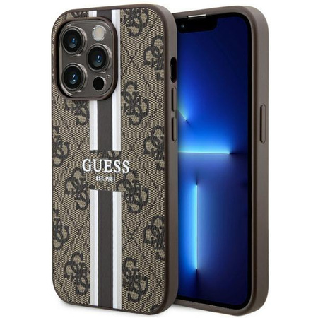 Etui Guess GUHMP14LP4RPSW na iPhone 14 Pro - brązowe 4G Printed Stripes MagSafe