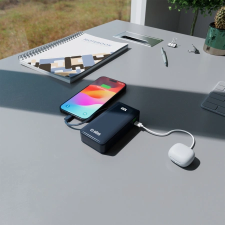 Powerbank SBS 10000 mAh 20W z wbudowanym kablem USB-C i wyświetlaczem cyfrowym - ciemnoszary