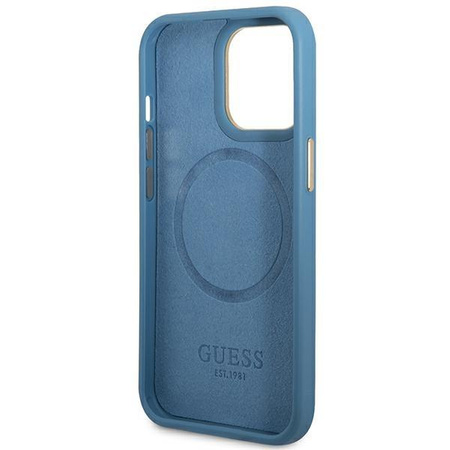 Etui Guess GUHMP14LU4GPRB na iPhone 14 Pro - niebieskie 4G Logo Plate MagSafe