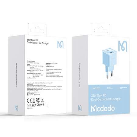 MCDODO FAST PHONE CHARGER POWER ADAPTER 2X USB USB-C 33W GAN BLUE