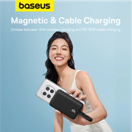 Powerbank Baseus Magnetic Mini MagSafe 10000mAh 30W z wbudowanym kablem USB-C - czarny + kabel Baseus Simple Series USB-C - USB-C 60W 0.3m