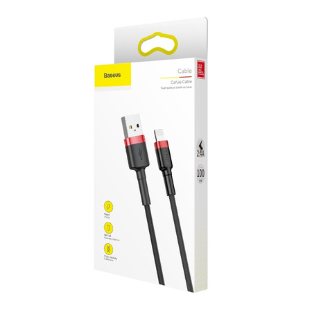 Baseus Cafule Cable wytrzymały nylonowy kabel przewód USB / Lightning QC3.0 2.4A 1M czarno-czerwony (CALKLF-B19)