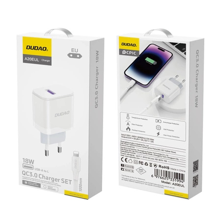 Ładowarka sieciowa Dudao A20EU USB-A 18W - biała + kabel USB-A - Lightning