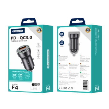 JELLICO ładowarka samochodowa F4 PD 20W 1xUSB-C + 1xUSB QC3.0 + kabel Lightning Czarny