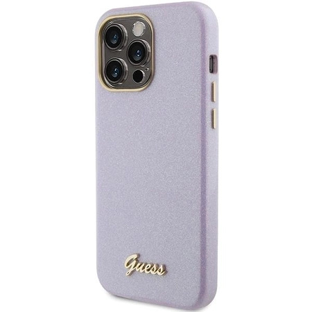 Etui Guess Glitter Glossy Script do iPhone 15 Pro - liliowe