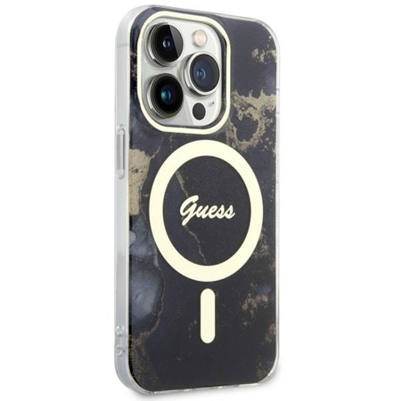 Etui Guess GUHMP14LHTMRSK na iPhone 14 Pro - czarne Golden Marble MagSafe