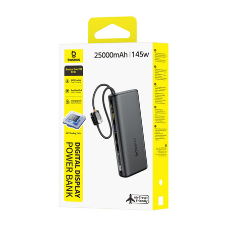 Baseus power bank z wyświetlaczem cyfrowym i podwójnymi wbudowanymi kablami usb-c 25000mAh 145W Czarny