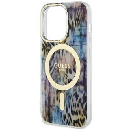 Etui Guess GUHMP14LHLEOPWB na iPhone 14 Pro - niebieskie Leopard MagSafe