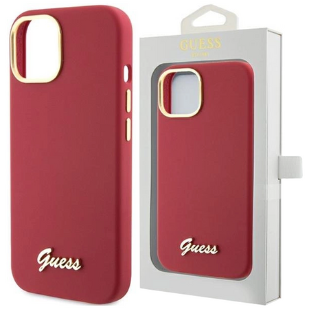 Etui Guess Silicone Script Metal Logo & Frame na iPhone 15 - czerwone