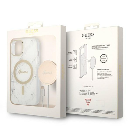 Guess zestaw ładowarka MagSafe + etui do iPhone 14 Plus 6,7" białe Marble (GUBPP14MHMEACSH)