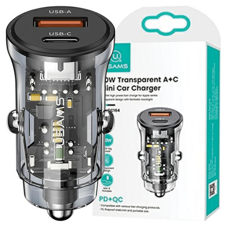 USAMS ŁADOWARKA SAMOCHODOWA 30W DO TELEFONÓW 1xUSB 1xUSB-C SZYBKI CHARGER