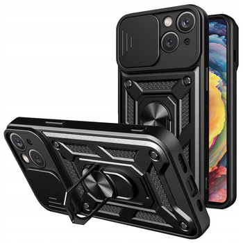 Pancerne etui z podstawką i osłoną aparatu do iPhone 15 Plus Hybrid Armor Camshield - czarne