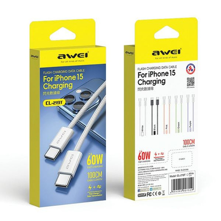 AWEI KABEL USB-C USB-C 60W DO IPHONE 15 14 13 12 DO ŁADOWANIA I STEROWANIA