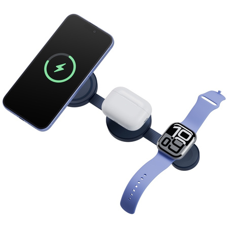 Ładowarka indukcyjna Bazic GoMag Trio 2  3w1 15W magnetyczna do iPhone/Watch/AirPods niebieski