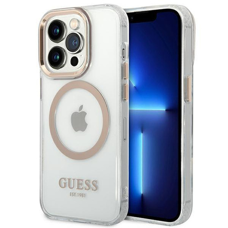 Etui Guess GUHMP14LHTRMD na iPhone 14 Pro - złote Metal Outline Magsafe
