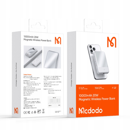 MCDODO POWERBANK BEZPRZEWODOWY 10000MAH 20W INDUKCYJNY + KABEL USB-C DO MAGSAFE IPHONE 12 13 14 15 MINI PLUS PRO MAX BIAŁY