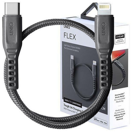 Etui Uniq Kabel Flex USB-C-Lightning 18W nylonowy 30cm - szare