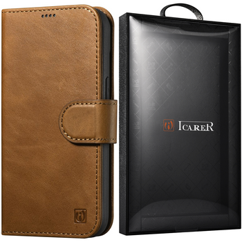 iCarer Oil Wax Wallet Case 2in1 etui iPhone 14 Plus skórzany pokrowiec z klapką Anti-RFID brązowy (WMI14220723-TN)