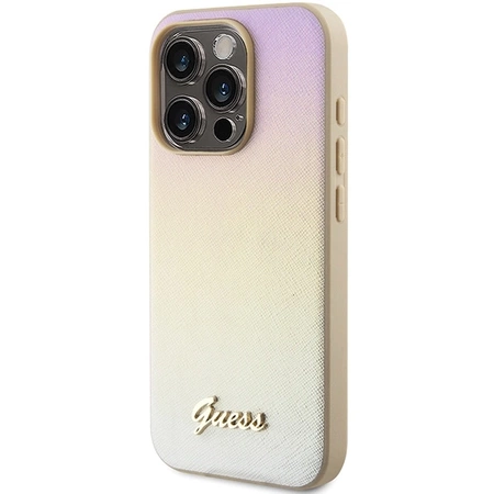 Etui Guess Saffiano Iridescent Script na iPhone 14 Pro Max - złote