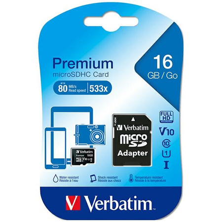 VERBATIM KARTA MICROSDHC 16GB V10+ ADAPTER DO TELEFONÓW TABLETÓW