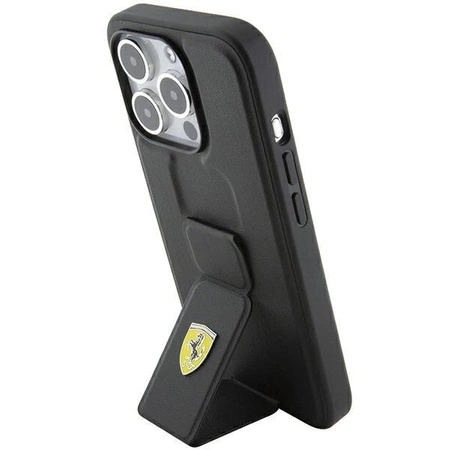 Etui Ferrari Grip Stand Metal Logo na iPhone 15 Pro Max - czarne