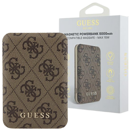 Guess Powerbank indukcyjny 15WGUPB5FP4EMGW 5000mAh brązowy/brown 4G Leather Metal Logo MagSafe