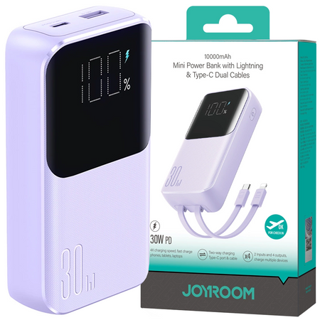 Joyroom powerbank 30W 10000mAh z wbudowanymi kablami Lightning i USB-C fioletowy (JR-PBC06)