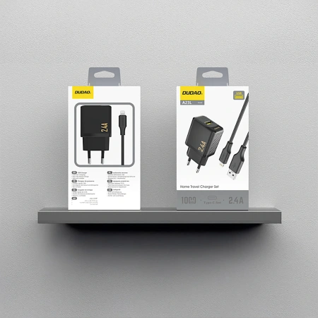Ładowarka sieciowa Dudao A23LEU 2.4A GaN EU USB-A z kablem USB-A - Lightning - czarna