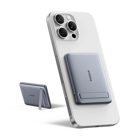 Powerbank Baseus PicoGo AM31 Qi2 5000mAh 20W ultracienki kompatybilny z MagSafe z podstawką z kablem plecionym Baseus Simple USB-C 20cm - szary