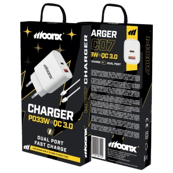 MOONX ładowarka sieciowa MC07 PD 33W 1xUSB-C + 1xUSB QC3.0 + kabel USB-C - USB-C Biały