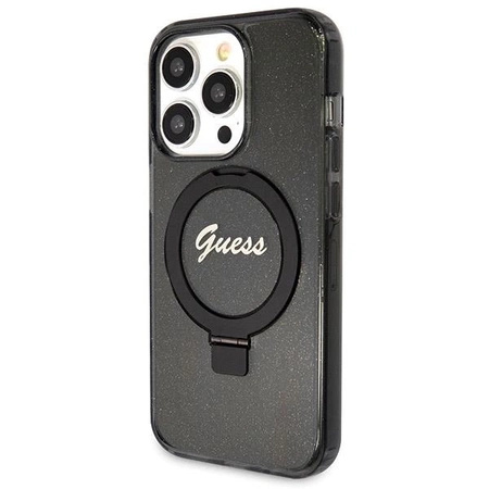 Etui Guess Ring Stand Script Glitter MagSafe na iPhone 13 Pro / 13 - czarne