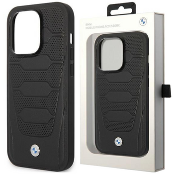 Etui BMW BMHMP14X22RPSK na iPhone 14 Pro Max - czarne Leather Seats Pattern MagSafe