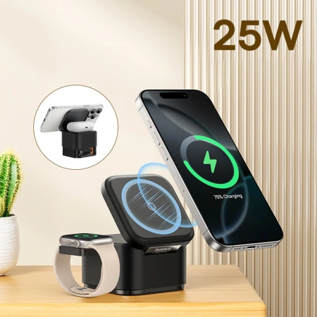 Ładowarka indukcyjna Baseus MagPro 3w1 25W kompatybilna z MagSafe do telefonu i smartwatcha - czarna
