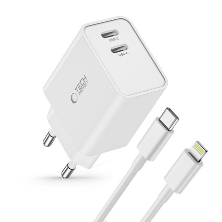 TECH-PROTECT ŁADOWARKA DO TELEFONÓW 35W PD 2 PORTY DO LIGHTNING KABEL BIAŁY