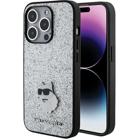 Etui Karl Lagerfeld Fixed Glitter Choupette Logo Metal Pin do iPhone 15 Pro Max - srebrne